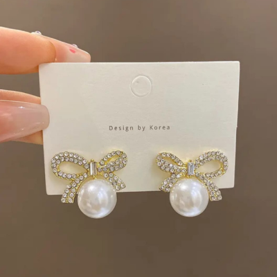 Pearl Bow Zircon Stud Earrings – Gold Plated