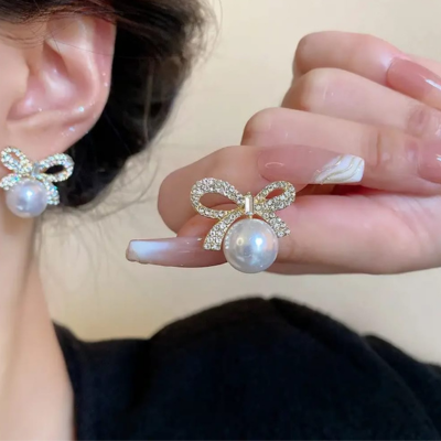 Pearl Bow Zircon Stud Earrings – Gold Plated