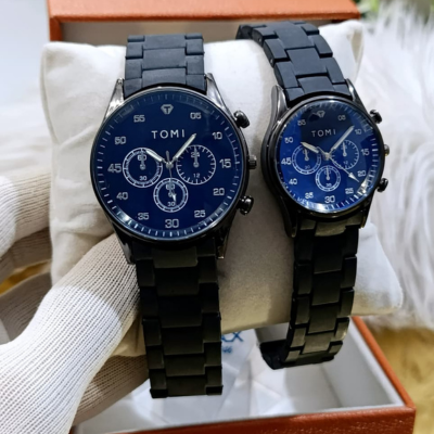 Premium Couple Watches Set | Black Case with Steel Chain & Master Lock