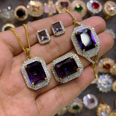Royal Purple Zircon Jewelry Set – Necklace, Ring & Studs