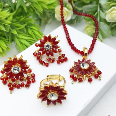 Fancy Gajra Kundun Combo Set with Adjustable Ring – High Quality (4 Colors Available)