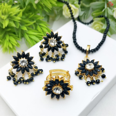 Fancy Gajra Kundun Combo Set with Adjustable Ring – High Quality (4 Colors Available)